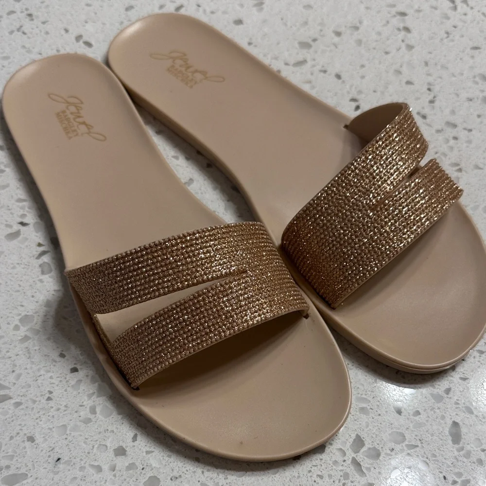 Jewel Badgley Mischka Sparkly Rose Gold/Tan Wide Strap Slide PVC Sandals SZ.9/40